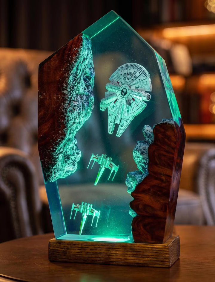 Millennium Falcon &amp;amp; X-Wing Resin Lamp – Star Wars Space Battle Epoxy Night Light, Handmade Wood LED Art, Sci-Fi Gaming Gift For Him