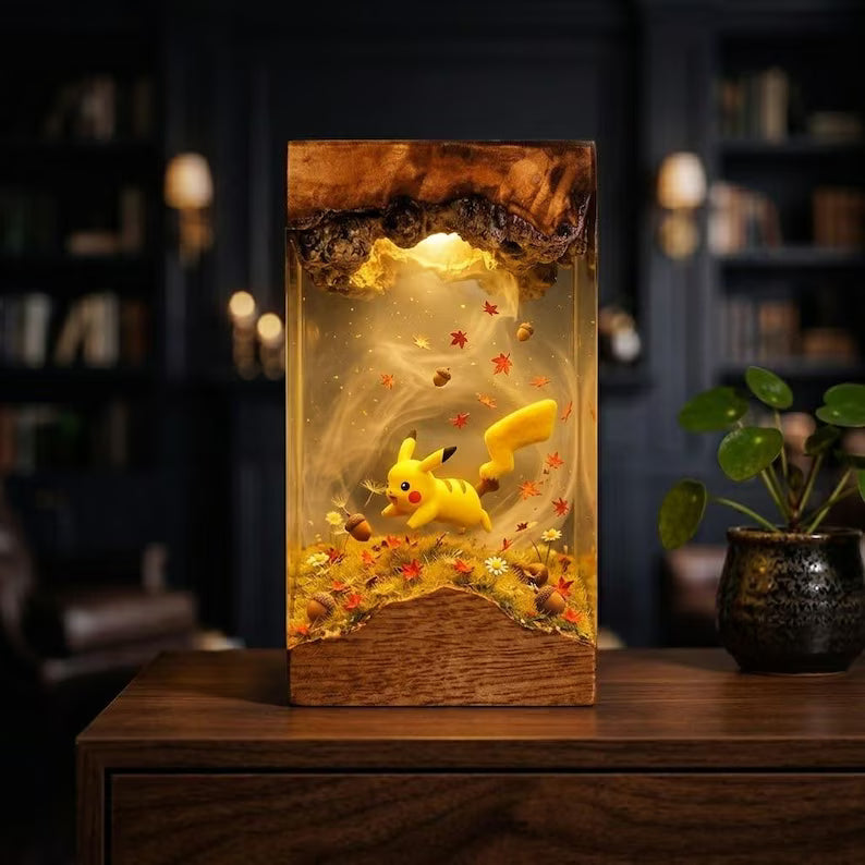Plkachu Autumn Forest Resin Lamp – P0kemon Cute Electric Epoxy Night Light Tower, Handmade Wood Resin Art, P0kemon Gift For Her