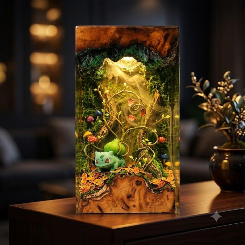Plkachu Autumn Forest Resin Lamp – P0kemon Cute Electric Epoxy Night Light Tower, Handmade Wood Resin Art, P0kemon Gift For Her