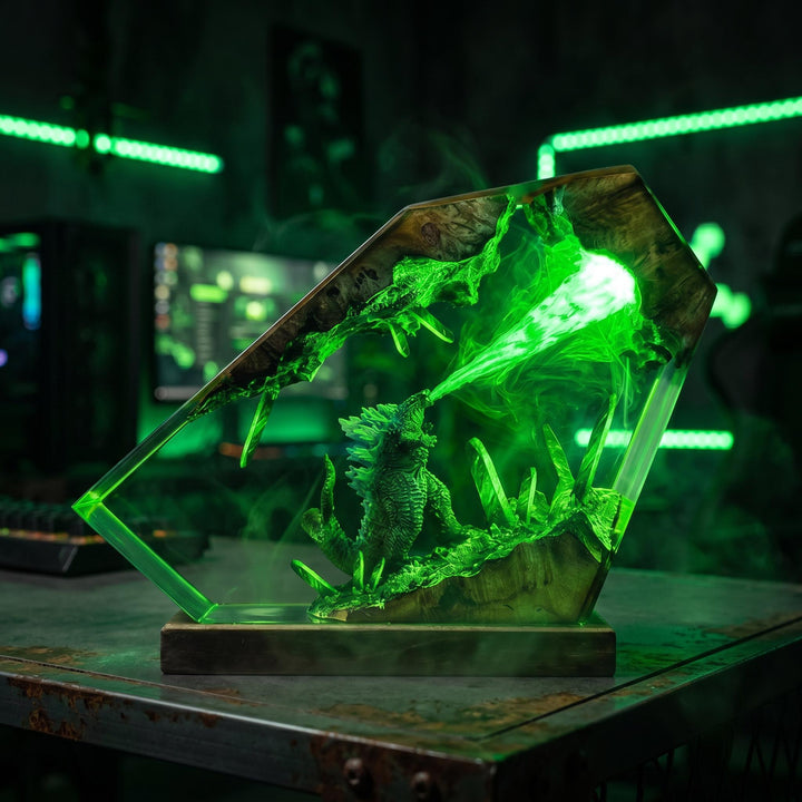King Kaiju Godzilla Resin Lamp – Atomic Dragon Epoxy Night Light, LED Remote Handmade Wood Art, Sci-Fi Gaming Decor Gift Him