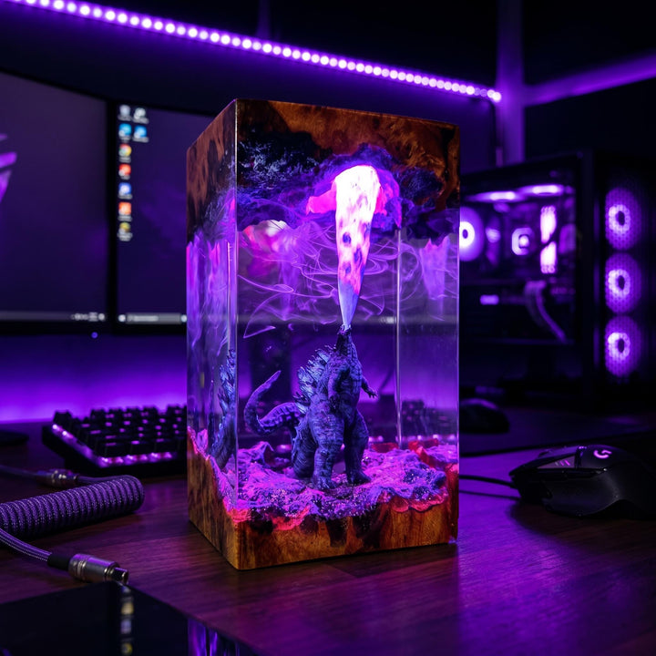 King Kaiju Resin Lamp – Giant Monster Atomic Epoxy Night Light, Godzilla Style Handmade Wood LED Art, Sci-Fi Gaming Gift for Him