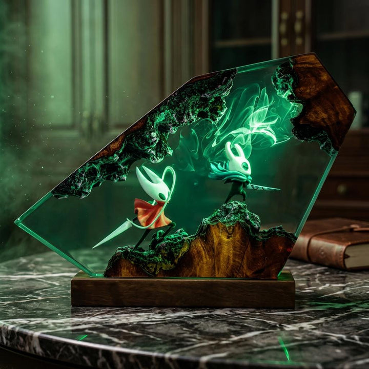 Hollow Knight Resin Lamp – Knight vs Hornet Diorama Epoxy Night Light, Indie Game Handmade Wood Art, LED Remote Gaming Gift For Him