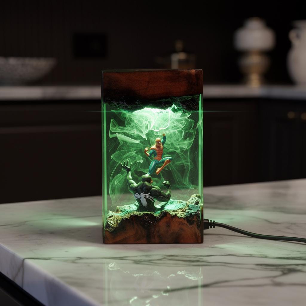 Spiderman Vs Venom Resin Lamp – Marvel Comics Epoxy Night Light, Superhero Battle LED Gaming Decor, Handmade Wood Art Gift For Him
