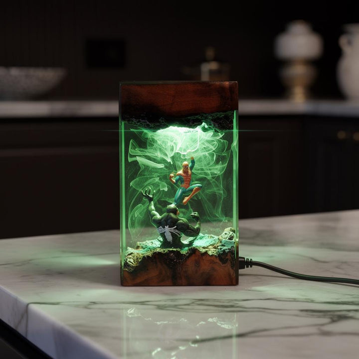 Spiderman Vs Venom Resin Lamp – Marvel Comics Epoxy Night Light, Superhero Battle LED Gaming Decor, Handmade Wood Art Gift For Him