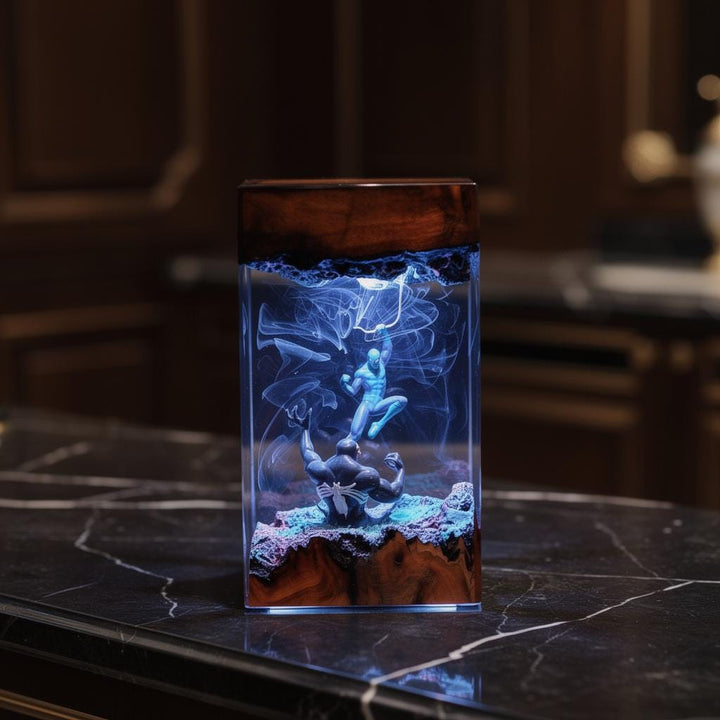 Spiderman Vs Venom Resin Lamp – Marvel Comics Epoxy Night Light, Superhero Battle LED Gaming Decor, Handmade Wood Art Gift For Him