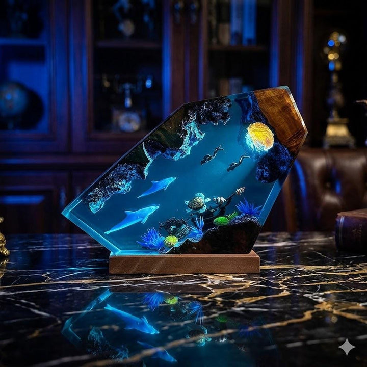 Dolphin Shipwreck Resin Lamp – Underwater Scene Epoxy Night Light, Sea Turtle LED Marine Decor, Handmade Wood Art Ocean Gift For Her