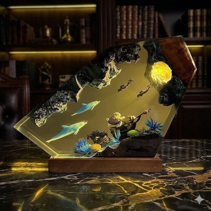 Dolphin Shipwreck Resin Lamp – Underwater Scene Epoxy Night Light, Sea Turtle LED Marine Decor, Handmade Wood Art Ocean Gift For Her