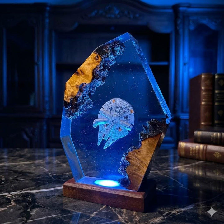 Millennium Falcon Resin Lamp – Star Wars Han Solo Epoxy Night Light, Sci-Fi Handmade Wood LED Art, Gaming Decor Unique Gift For Him