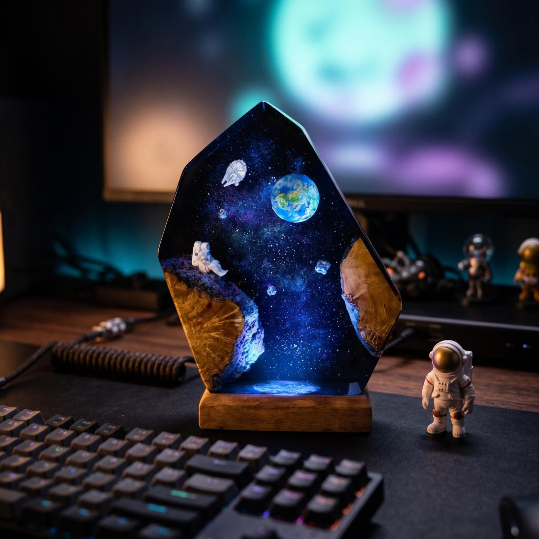 Astronaut Resin Lamp – Planet Earth Space Epoxy Night Light, Galaxy Cosmos Handmade Wood LED Art, Space Lover Unique Gift For Him