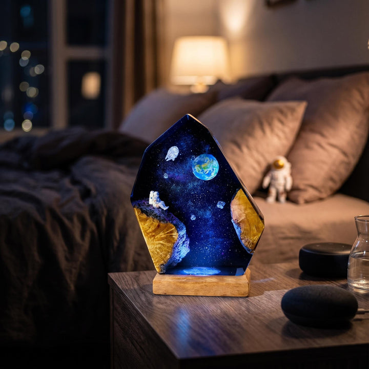 Astronaut Resin Lamp – Planet Earth Space Epoxy Night Light, Galaxy Cosmos Handmade Wood LED Art, Space Lover Unique Gift For Him