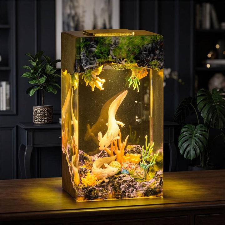 Axolotl Tower Resin Lamp – Pink Coral Reef Epoxy Night Light, Cute Kawaii Aquarium Handmade Wood LED Art, Unique Gift For Her