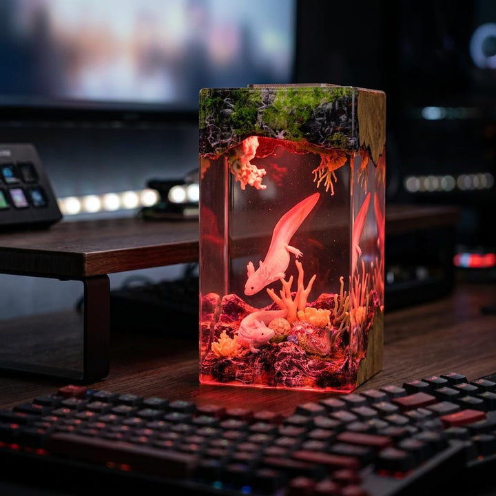 Axolotl Tower Resin Lamp – Pink Coral Reef Epoxy Night Light, Cute Kawaii Aquarium Handmade Wood LED Art, Unique Gift For Her