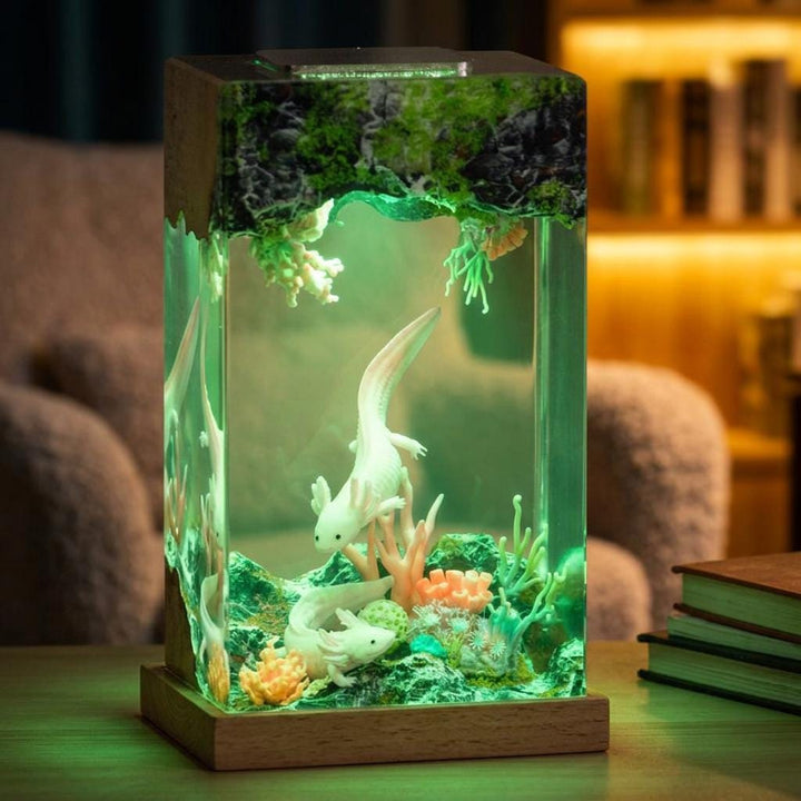Axolotl Tower Resin Lamp – Pink Coral Reef Epoxy Night Light, Cute Kawaii Aquarium Handmade Wood LED Art, Unique Gift For Her
