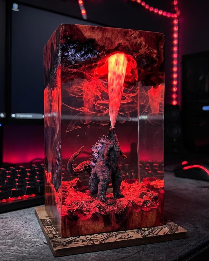 King Kaiju Resin Lamp – Giant Monster Atomic Epoxy Night Light, Godzilla Style Handmade Wood LED Art, Sci-Fi Gaming Gift for Him