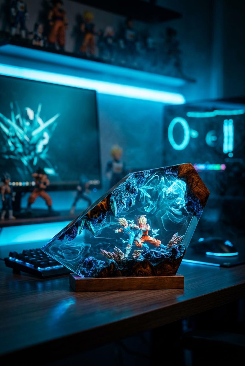 G0ku vs V3geta Resin Lamp – Saiyan Battle Dr4gon Ball Epoxy Night Light, Handmade Wood Art, Anime Gift For Him, DBZ Gaming Decor