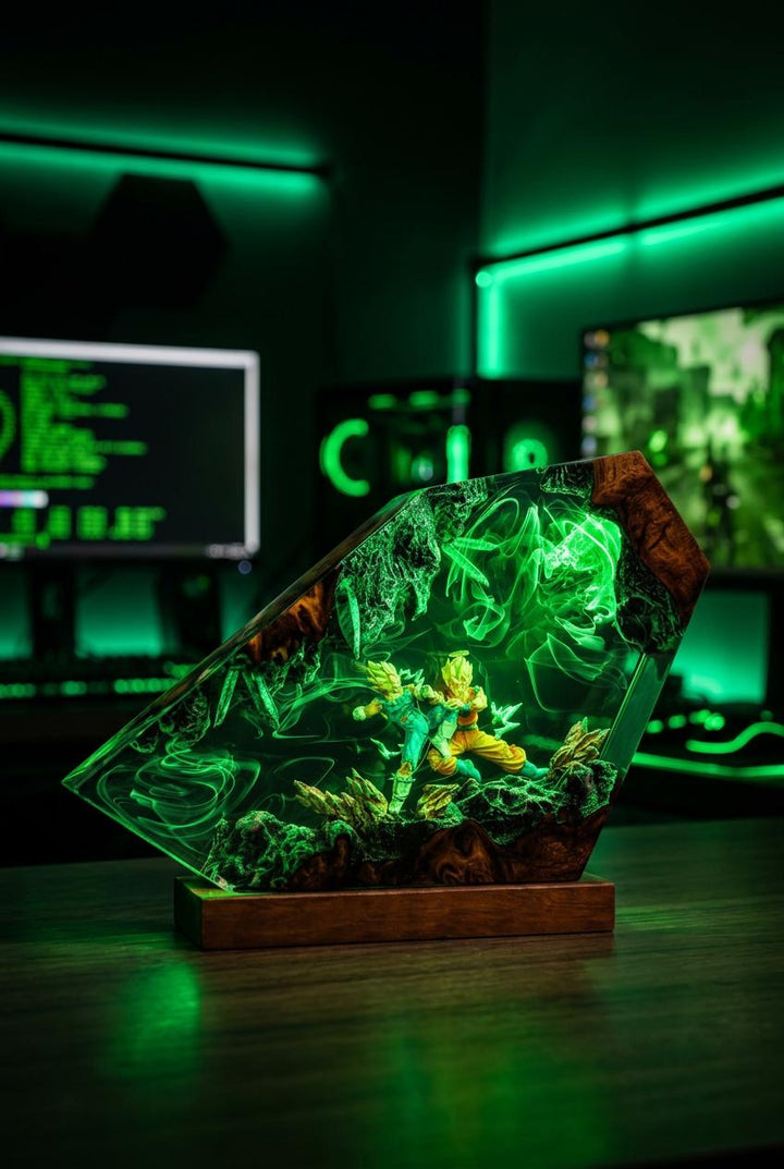 G0ku vs V3geta Resin Lamp – Saiyan Battle Dr4gon Ball Epoxy Night Light, Handmade Wood Art, Anime Gift For Him, DBZ Gaming Decor