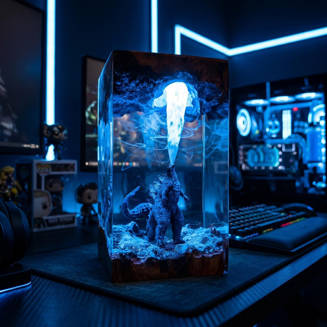 King Kaiju Resin Lamp – Giant Monster Atomic Epoxy Night Light, Godzilla Style Handmade Wood LED Art, Sci-Fi Gaming Gift for Him