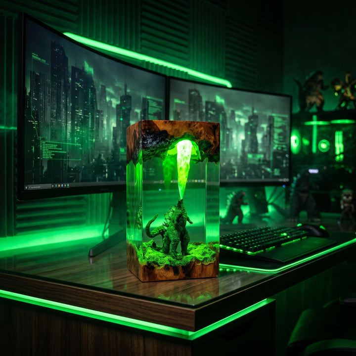 King Kaiju Resin Lamp – Giant Monster Atomic Epoxy Night Light, Godzilla Style Handmade Wood LED Art, Sci-Fi Gaming Gift for Him