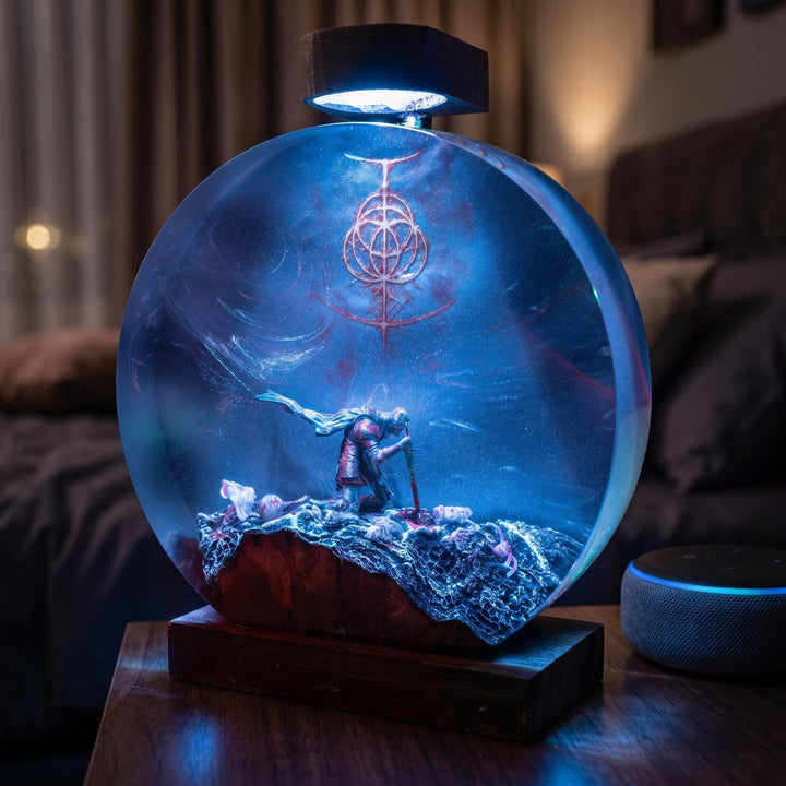 Elden Ring Resin Lamp – Tarnished Kneeling Warrior Rune Epoxy Night Light, Handmade Wood LED Art, Dark Fantasy Soulslike Gaming Gift For Him
