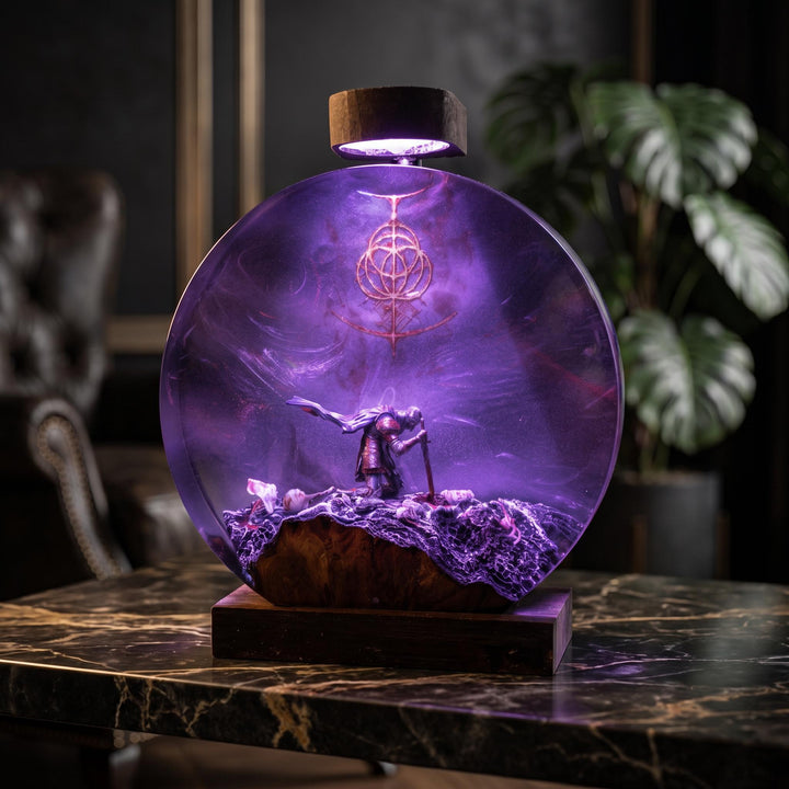 Elden Ring Resin Lamp – Tarnished Kneeling Warrior Rune Epoxy Night Light, Handmade Wood LED Art, Dark Fantasy Soulslike Gaming Gift For Him
