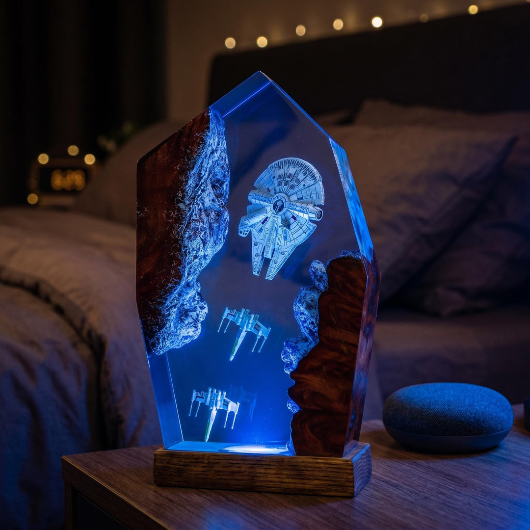 Millennium Falcon &amp;amp; X-Wing Resin Lamp – Star Wars Space Battle Epoxy Night Light, Handmade Wood LED Art, Sci-Fi Gaming Gift For Him