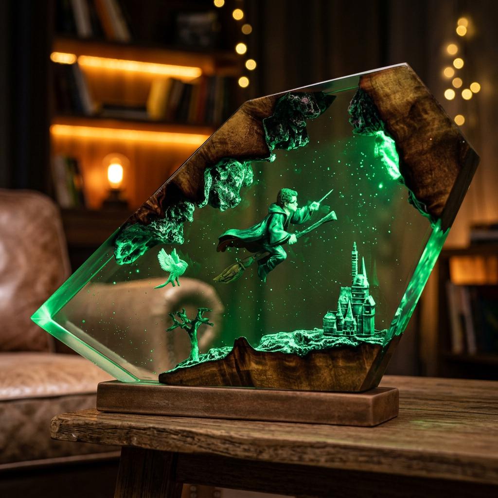 Harry Potter Resin Lamp – Hogwarts Wizard Broomstick Epoxy Night Light, Magic Castle Handmade Wood LED Art, Quidditch Gift For Him