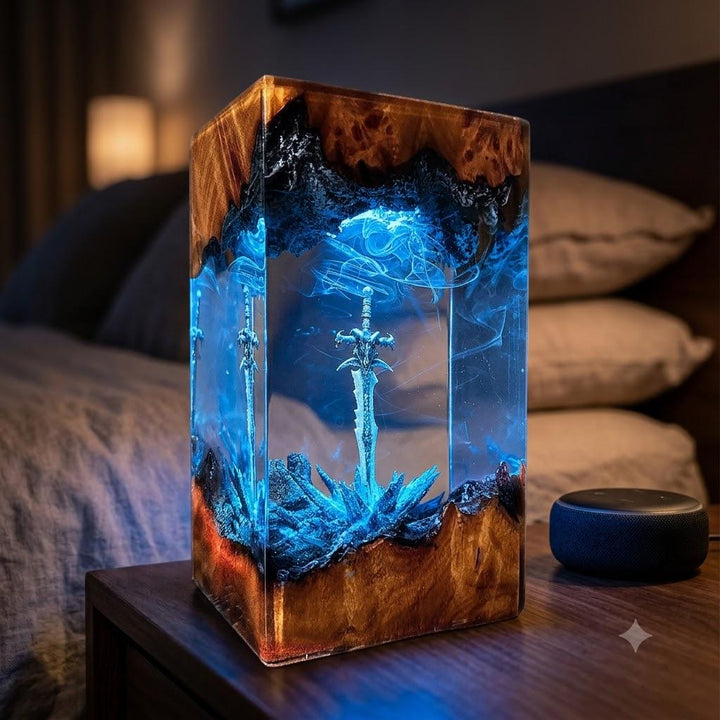 Legendary Fantasy Sword Resin Lamp – Enchanted Mystic Blade Epoxy Night Light, Handmade Wood LED Art, Fantasy RPG Epic Gaming Gift For Him