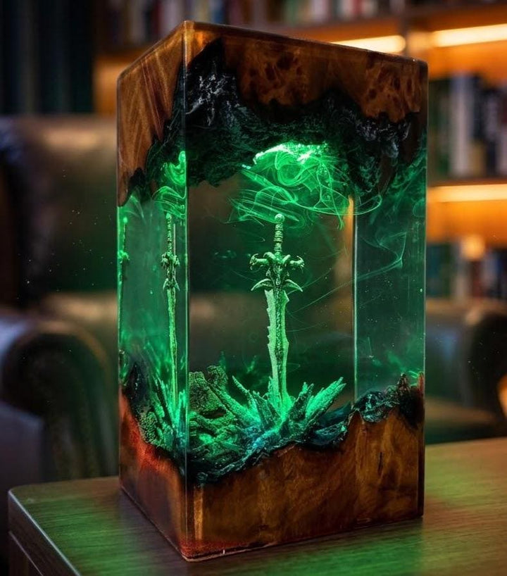Legendary Fantasy Sword Resin Lamp – Enchanted Mystic Blade Epoxy Night Light, Handmade Wood LED Art, Fantasy RPG Epic Gaming Gift For Him