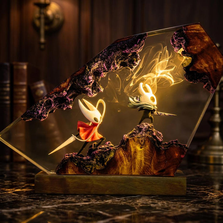 Hollow Knight Resin Lamp – Knight vs Hornet Diorama Epoxy Night Light, Indie Game Handmade Wood Art, LED Remote Gaming Gift For Him