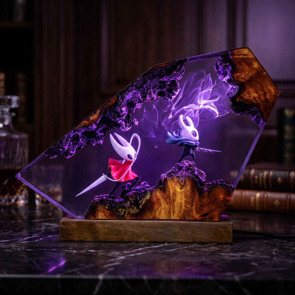 Hollow Knight Resin Lamp – Knight vs Hornet Diorama Epoxy Night Light, Indie Game Handmade Wood Art, LED Remote Gaming Gift For Him