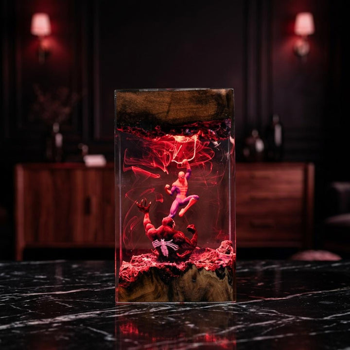 Spiderman Vs Venom Resin Lamp – Marvel Comics Epoxy Night Light, Superhero Battle LED Gaming Decor, Handmade Wood Art Gift For Him