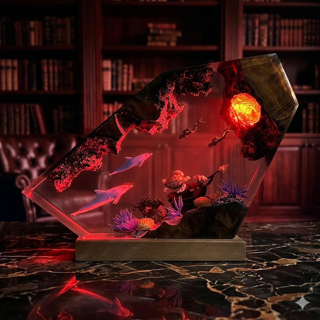 Dolphin Shipwreck Resin Lamp – Underwater Scene Epoxy Night Light, Sea Turtle LED Marine Decor, Handmade Wood Art Ocean Gift For Her