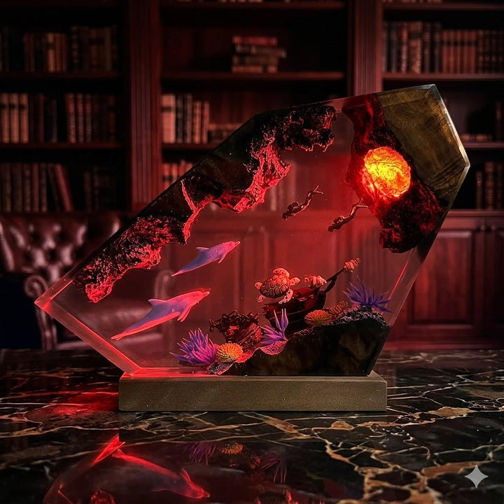 Dolphin Shipwreck Resin Lamp – Underwater Scene Epoxy Night Light, Sea Turtle LED Marine Decor, Handmade Wood Art Ocean Gift For Her