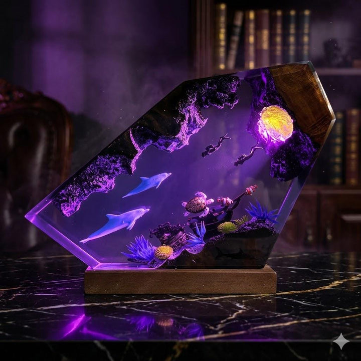 Dolphin Shipwreck Resin Lamp – Underwater Scene Epoxy Night Light, Sea Turtle LED Marine Decor, Handmade Wood Art Ocean Gift For Her