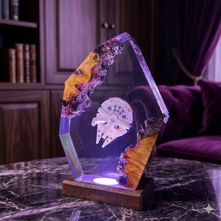 Millennium Falcon Resin Lamp – Star Wars Han Solo Epoxy Night Light, Sci-Fi Handmade Wood LED Art, Gaming Decor Unique Gift For Him