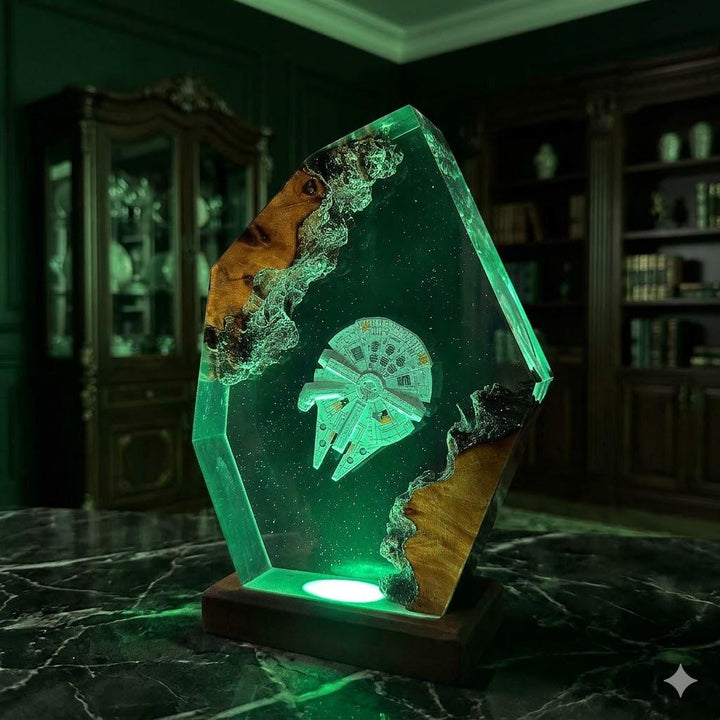 Millennium Falcon Resin Lamp – Star Wars Han Solo Epoxy Night Light, Sci-Fi Handmade Wood LED Art, Gaming Decor Unique Gift For Him
