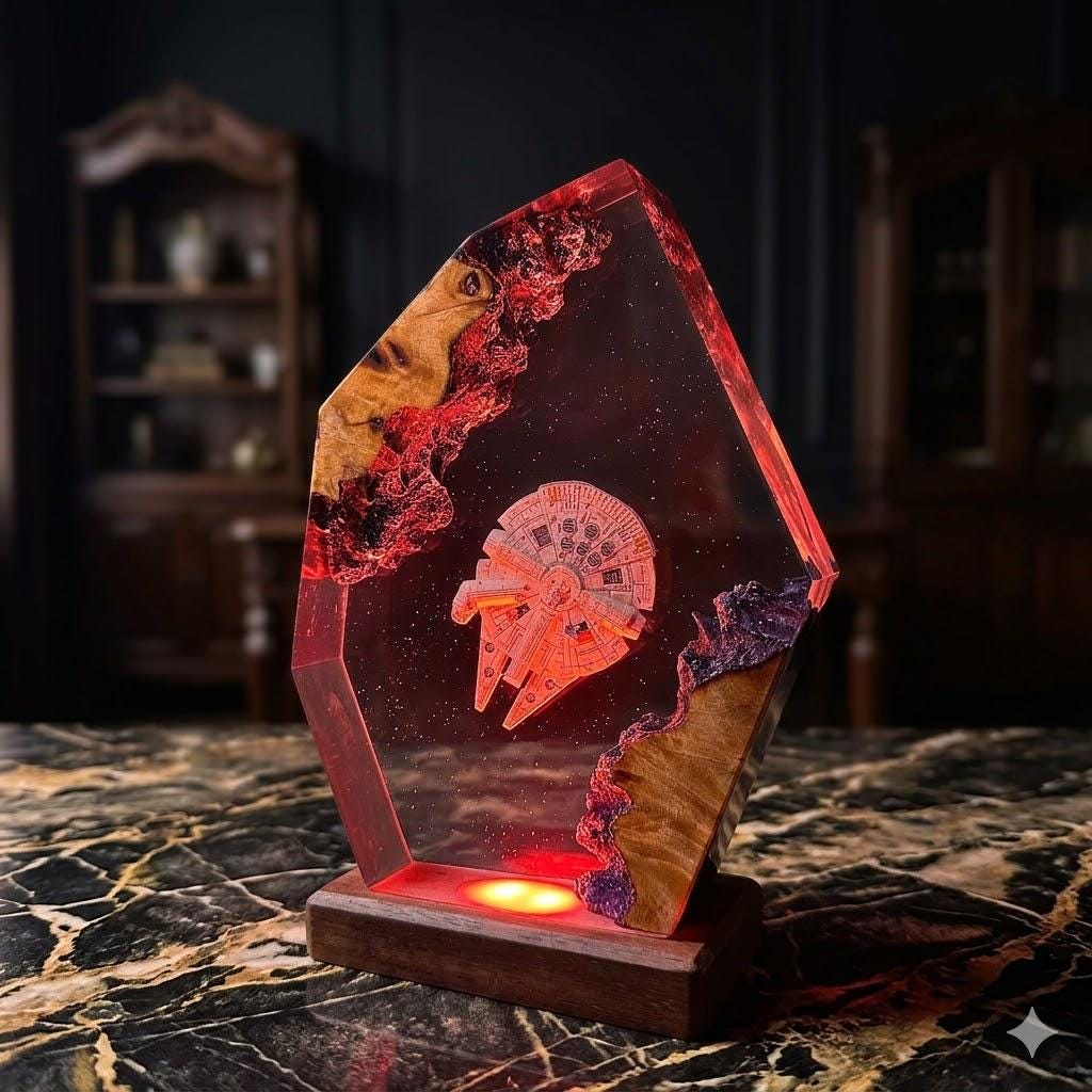 Millennium Falcon Resin Lamp – Star Wars Han Solo Epoxy Night Light, Sci-Fi Handmade Wood LED Art, Gaming Decor Unique Gift For Him