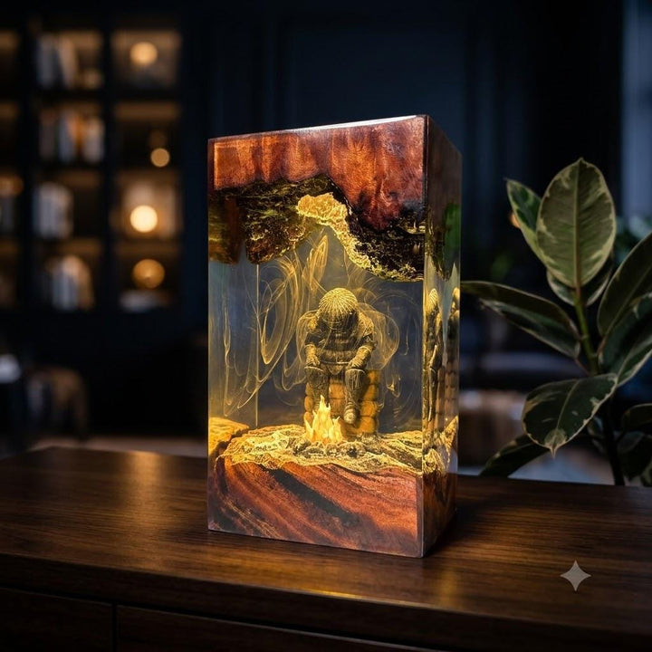 Dark Souls &amp;amp; Elden Ring Bonfire Resin Lamp – FromSoftware Warrior Campfire Epoxy Night Light Tower, Handmade Wood Resin Art, RPG Gift