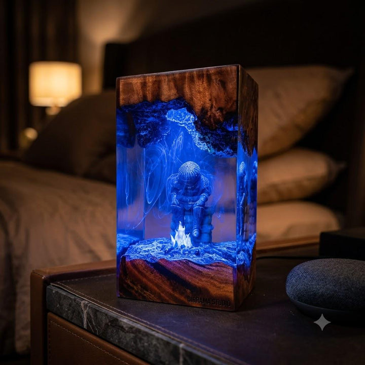 Dark Souls &amp;amp; Elden Ring Bonfire Resin Lamp – FromSoftware Warrior Campfire Epoxy Night Light Tower, Handmade Wood Resin Art, RPG Gift