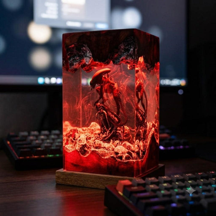 Alien Xenomorph Resin Lamp – Horror Sci-Fi Skull Cave Epoxy Night Light Tower, Handmade Wood Resin Art, Horror Gift For Him