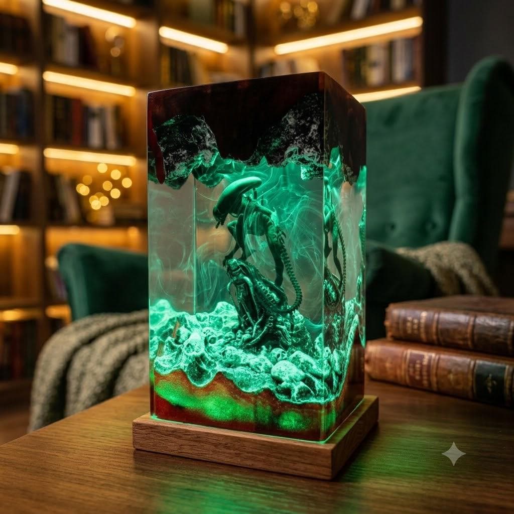 Alien Xenomorph Resin Lamp – Horror Sci-Fi Skull Cave Epoxy Night Light Tower, Handmade Wood Resin Art, Horror Gift For Him
