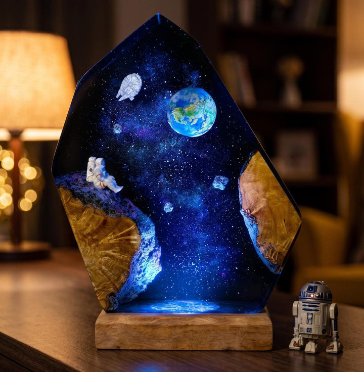 Astronaut Resin Lamp – Planet Earth Space Epoxy Night Light, Galaxy Cosmos Handmade Wood LED Art, Space Lover Unique Gift For Him