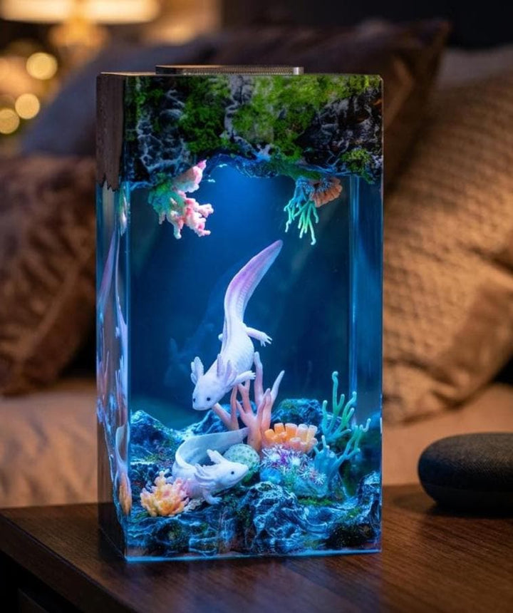 Axolotl Tower Resin Lamp – Pink Coral Reef Epoxy Night Light, Cute Kawaii Aquarium Handmade Wood LED Art, Unique Gift For Her