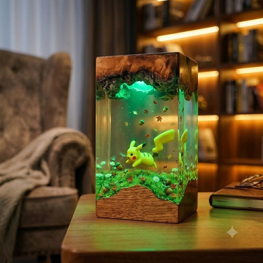 Plkachu Autumn Forest Resin Lamp – P0kemon Cute Electric Epoxy Night Light Tower, Handmade Wood Resin Art, P0kemon Gift For Her