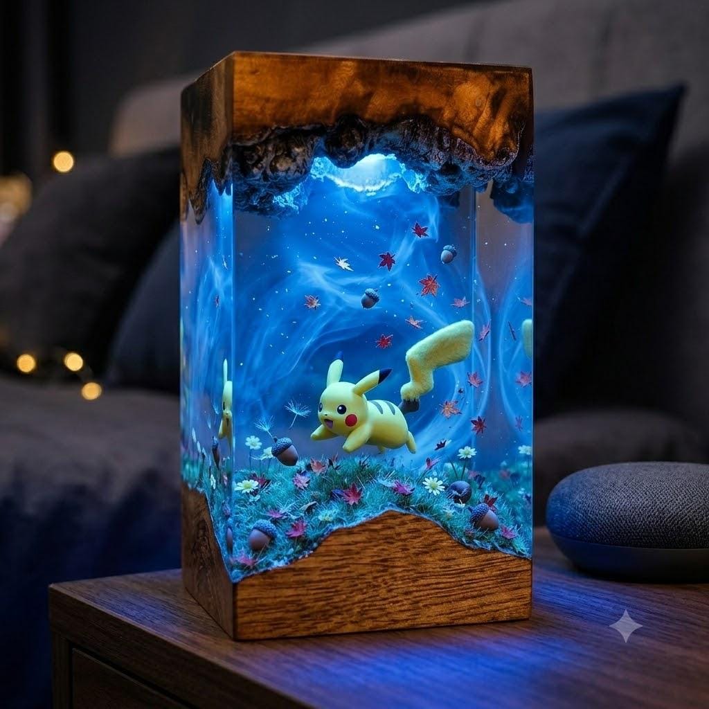 Plkachu Autumn Forest Resin Lamp – P0kemon Cute Electric Epoxy Night Light Tower, Handmade Wood Resin Art, P0kemon Gift For Her