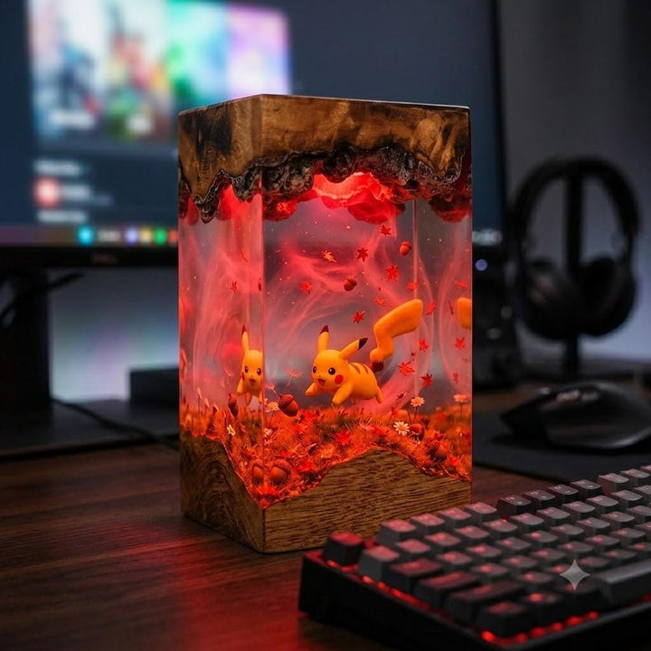 Plkachu Autumn Forest Resin Lamp – P0kemon Cute Electric Epoxy Night Light Tower, Handmade Wood Resin Art, P0kemon Gift For Her