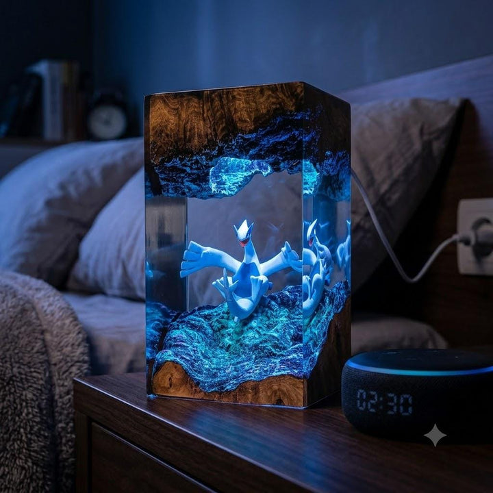 Lugla Legendary P0kemon Resin Lamp – Silver Wing Psychic Bird Epoxy Night Light Tower, Handmade Burl Wood Resin Art, P0kemon Gift