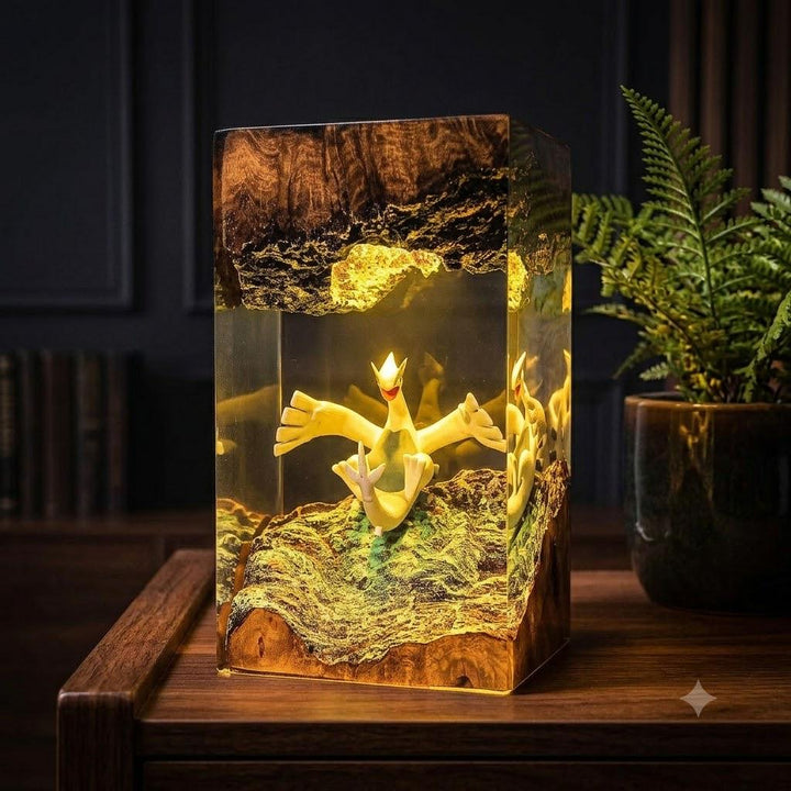 Lugla Legendary P0kemon Resin Lamp – Silver Wing Psychic Bird Epoxy Night Light Tower, Handmade Burl Wood Resin Art, P0kemon Gift