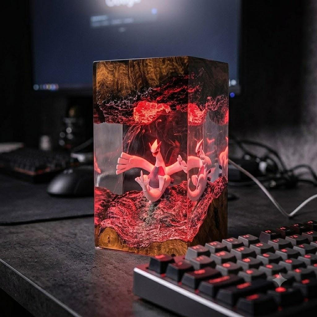 Lugla Legendary P0kemon Resin Lamp – Silver Wing Psychic Bird Epoxy Night Light Tower, Handmade Burl Wood Resin Art, P0kemon Gift