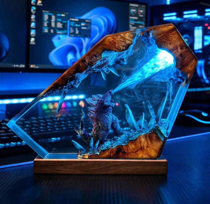 King Kaiju Godzilla Resin Lamp – Atomic Dragon Epoxy Night Light, LED Remote Handmade Wood Art, Sci-Fi Gaming Decor Gift Him